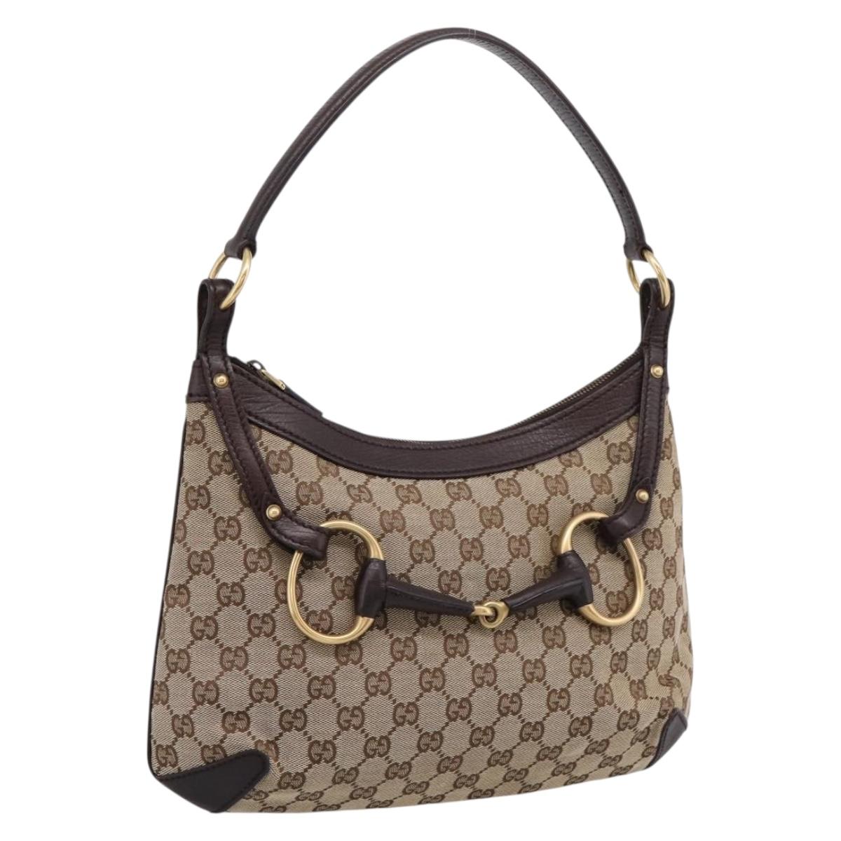 GUCCI GG Canvas Horsebit Shoulder Bag Beige Gold 114890 Auth BA15957V
