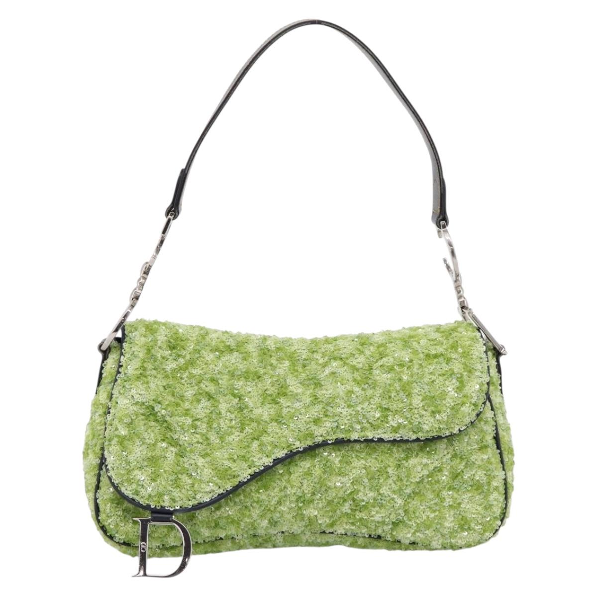 Christian Dior Saddle Shoulder Bag Leather sequins Green Silver Auth BA15966SM