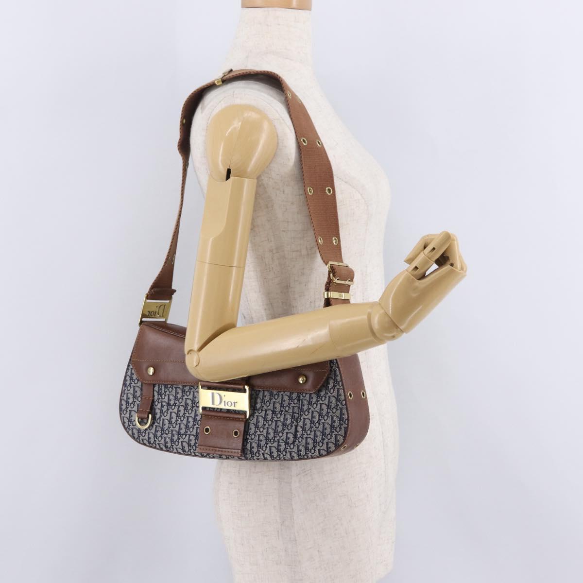 Christian Dior Trotter Canvas Street Chic Shoulder Bag Navy Gold Auth BA15975V