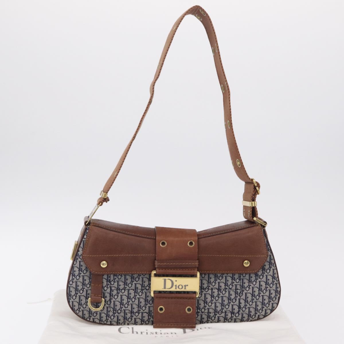 Christian Dior Trotter Canvas Street Chic Shoulder Bag Navy Gold Auth BA15975V