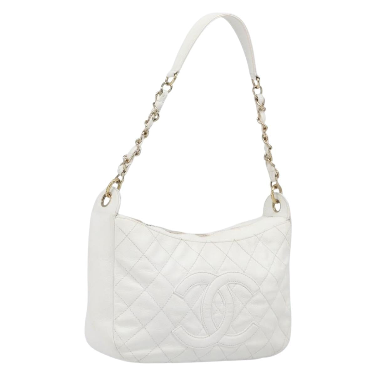 CHANEL Shoulder Bag Caviar Skin White Gold CC Auth BA15977M