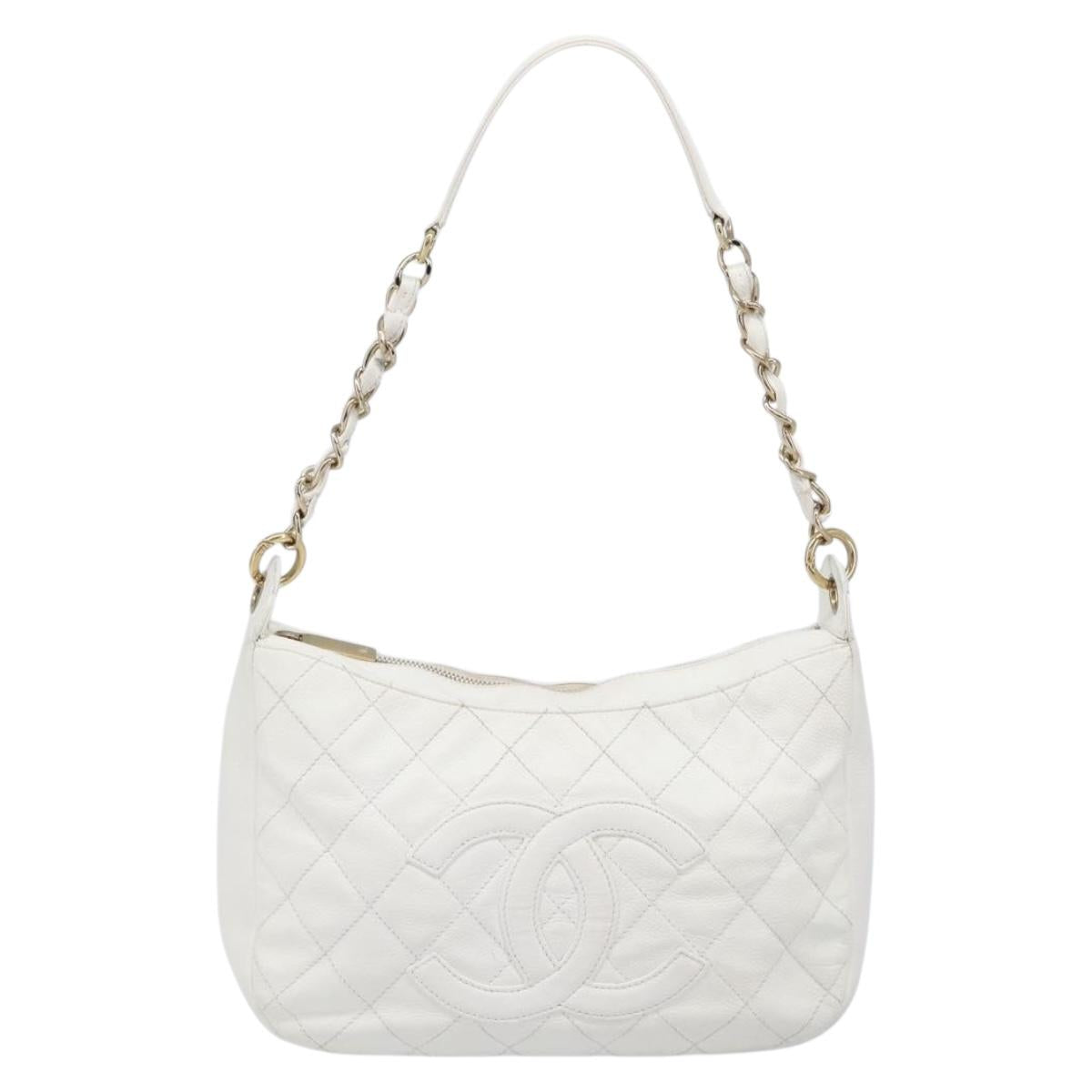 CHANEL Shoulder Bag Caviar Skin White Gold CC Auth BA15977M