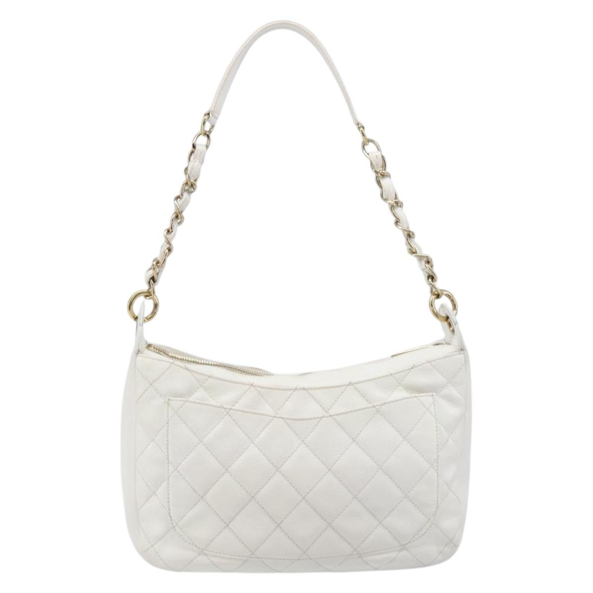CHANEL Shoulder Bag Caviar Skin White Gold CC Auth BA15977M