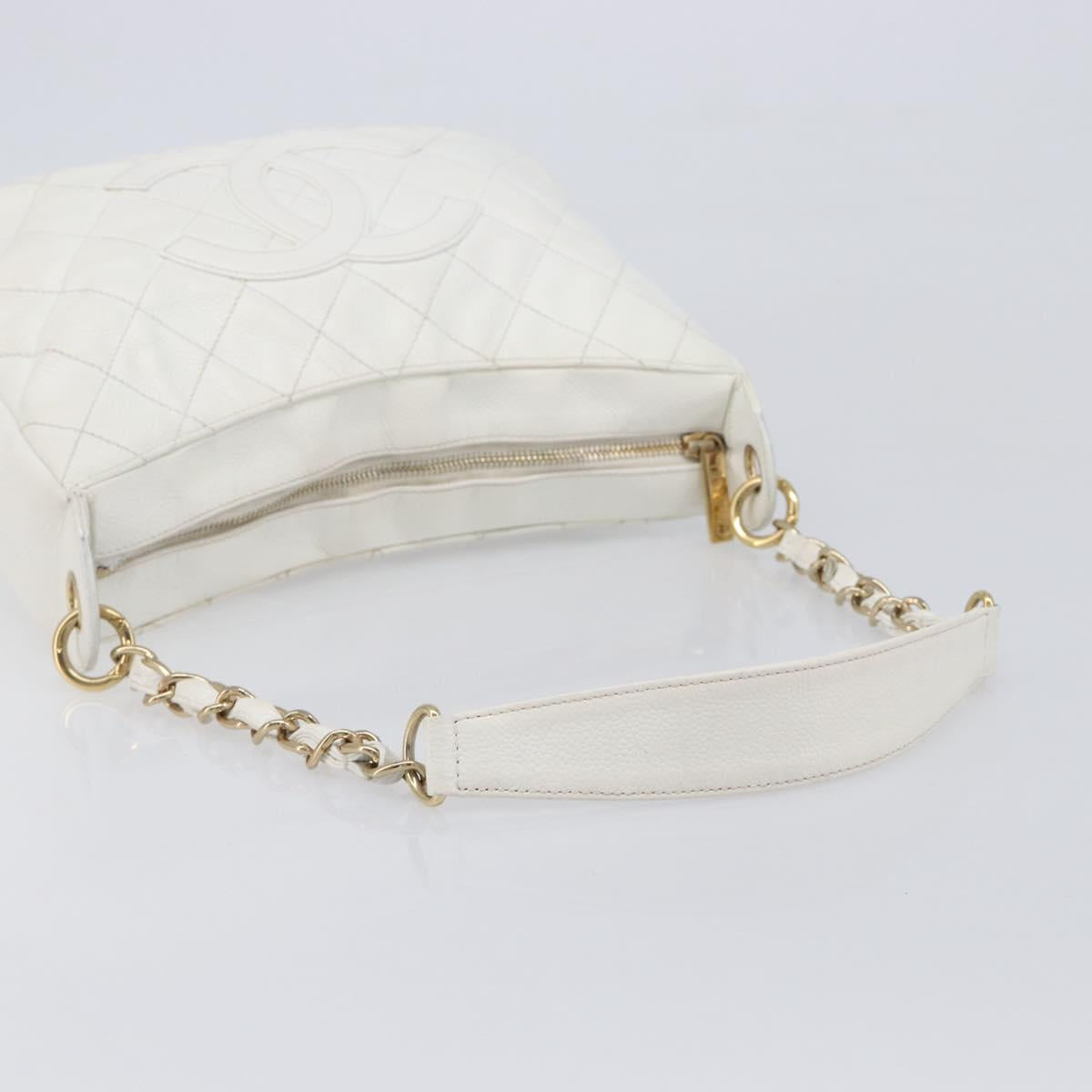 CHANEL Shoulder Bag Caviar Skin White Gold CC Auth BA15977M