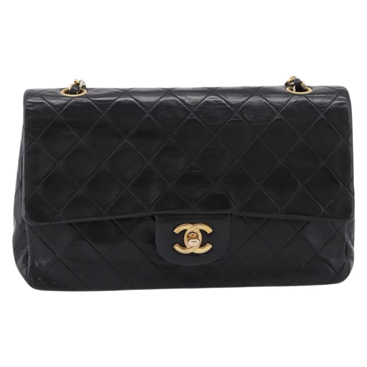 CHANEL Matelasse25 Chain Shoulder Bag Lamb Skin Black Gold CC Auth BA15979V