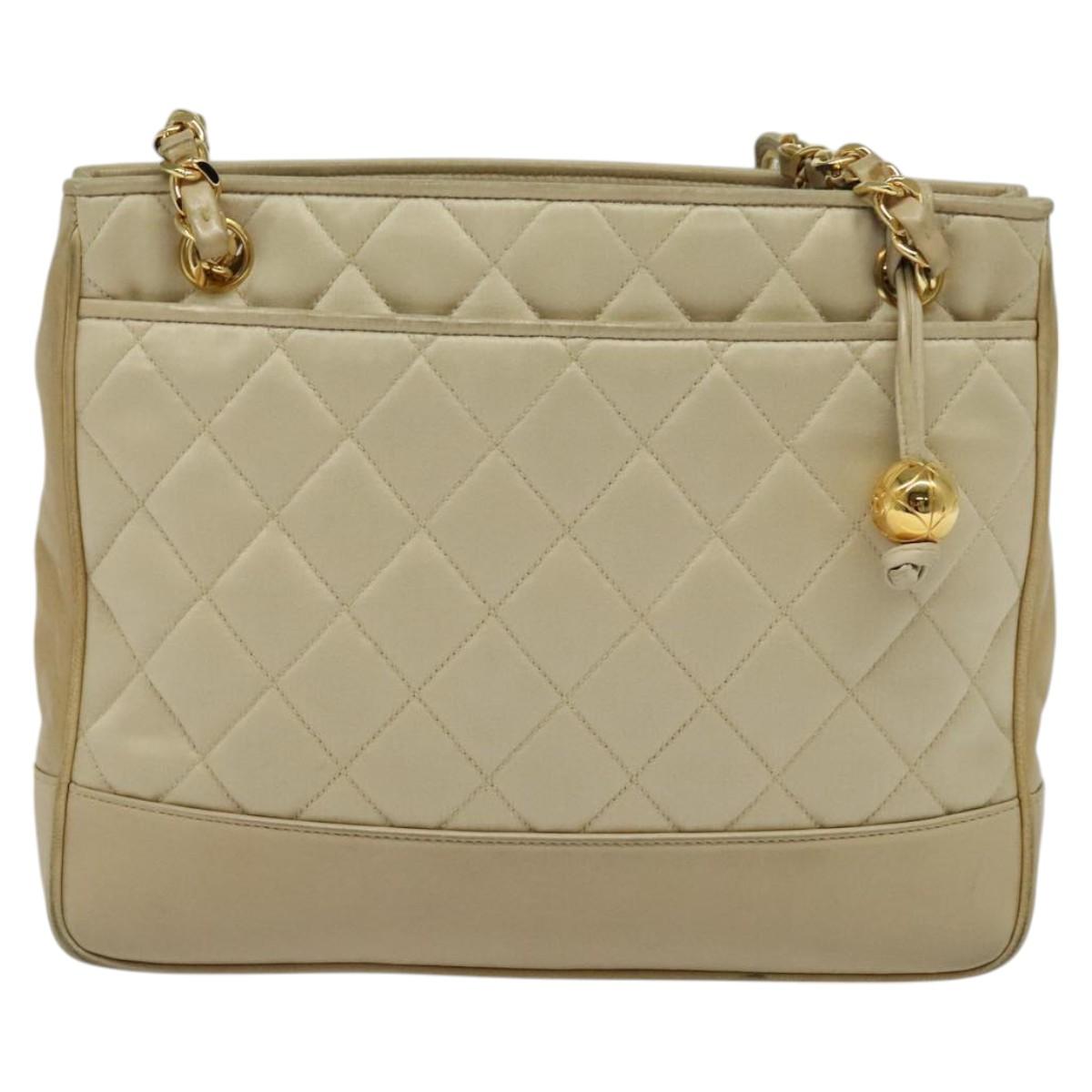 CHANEL Matelasse Chain Shoulder Bag Satin Beige Gold CC Auth BA1598