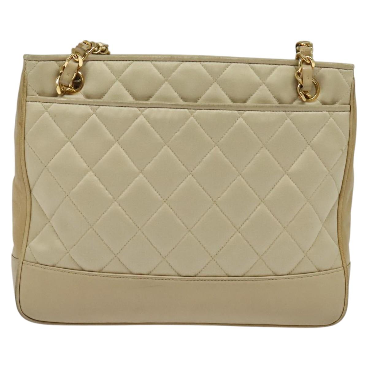 CHANEL Matelasse Chain Shoulder Bag Satin Beige Gold CC Auth BA1598