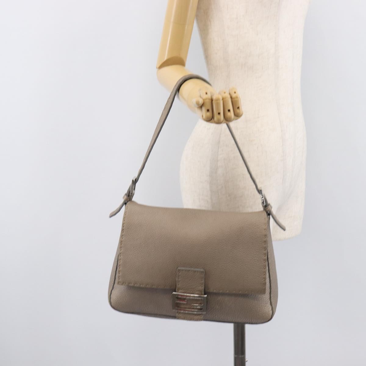 FENDI Celeria Mamma Baguette Bag Leather Beige Silver 8BR102 Auth BA15987V