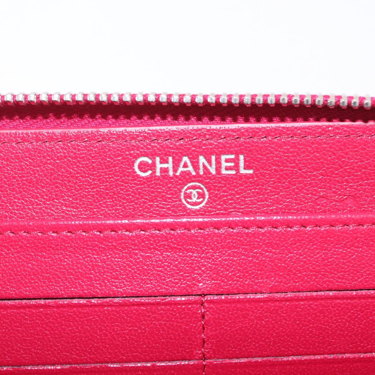 CHANEL Mademoiselle Matelasse Long Wallet Lamb Skin Red Silver CC Auth BA16010A
