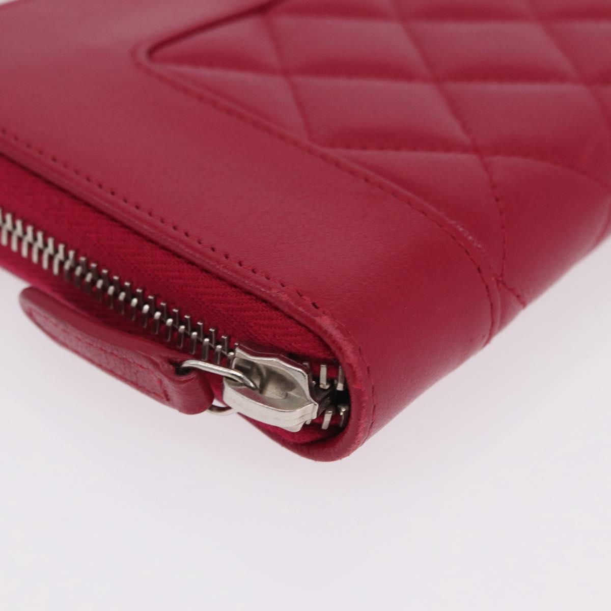 CHANEL Mademoiselle Matelasse Long Wallet Lamb Skin Red Silver CC Auth BA16010A