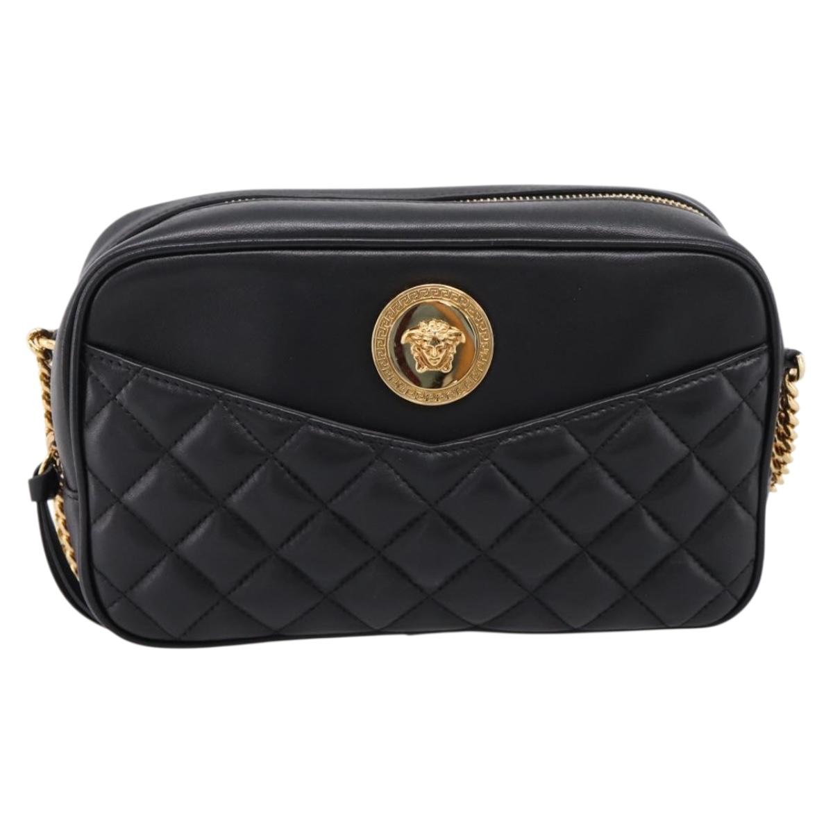 VERSACE Chain Shoulder Bag Leather Black Gold Auth BA16023M