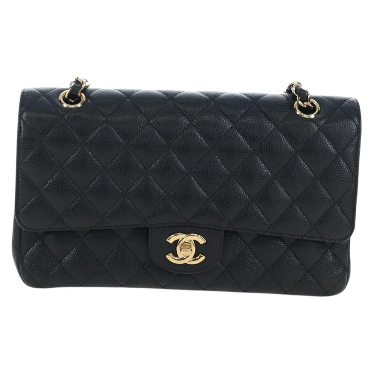 CHANEL Chain Matelasse 25 Shoulder Bag Caviar Skin Black Gold CC Auth BA16026SV