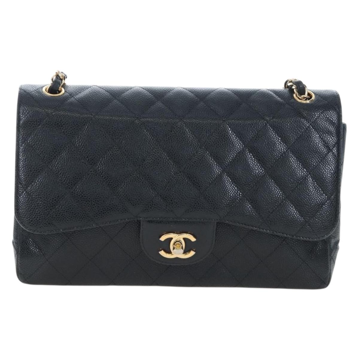 CHANEL Chain Big Matelasse30 Bag Caviar Skin Black Gold CC Auth BA16027SAV