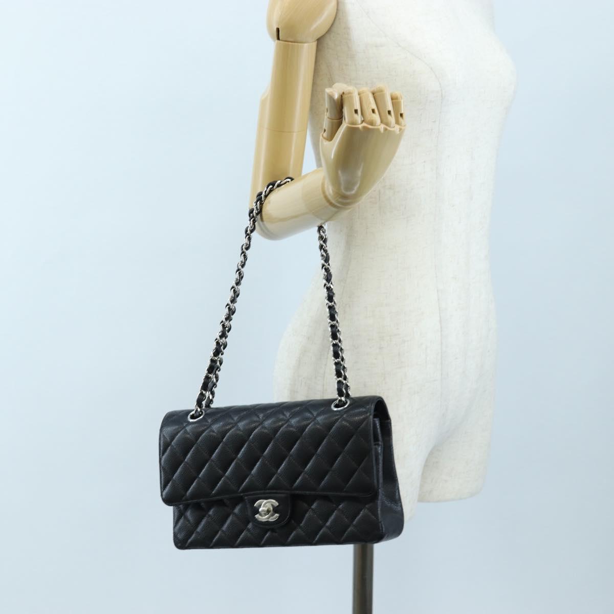 CHANEL Chain Matelasse 25 Bag Caviar Skin Black Silver CC Auth BA16031SV