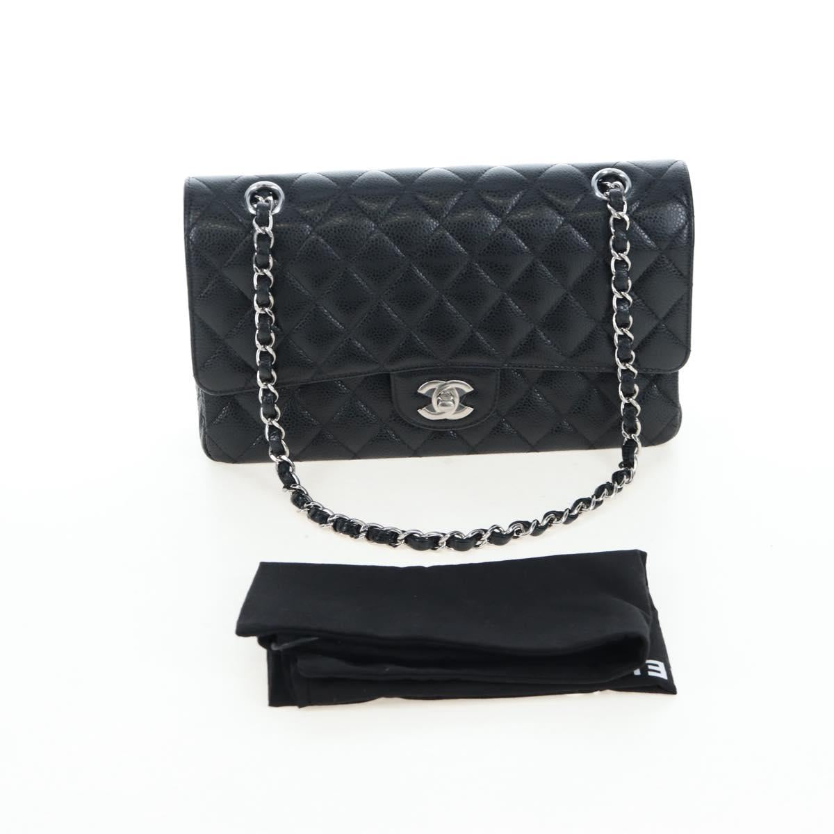 CHANEL Chain Matelasse 25 Bag Caviar Skin Black Silver CC Auth BA16031SV