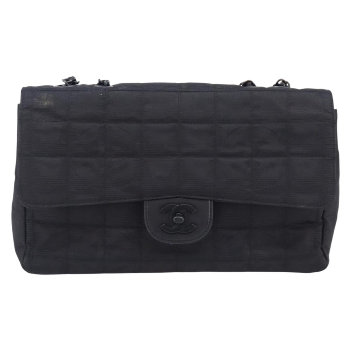 CHANEL New Travel Line Chain Shoulder Bag Nylon Black CC Auth BA16034A