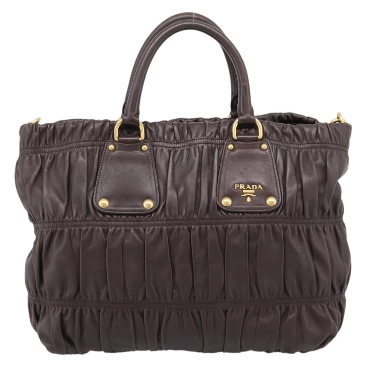 PRADA Gathered Hand Bag Leather 2way Dark Brown Gold Auth BA16047A