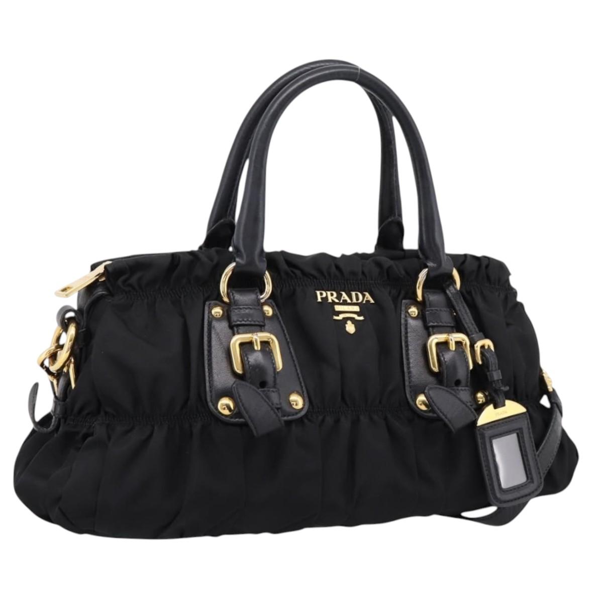 PRADA Gathered Hand Bag Nylon 2way Black Gold Auth BA16051A