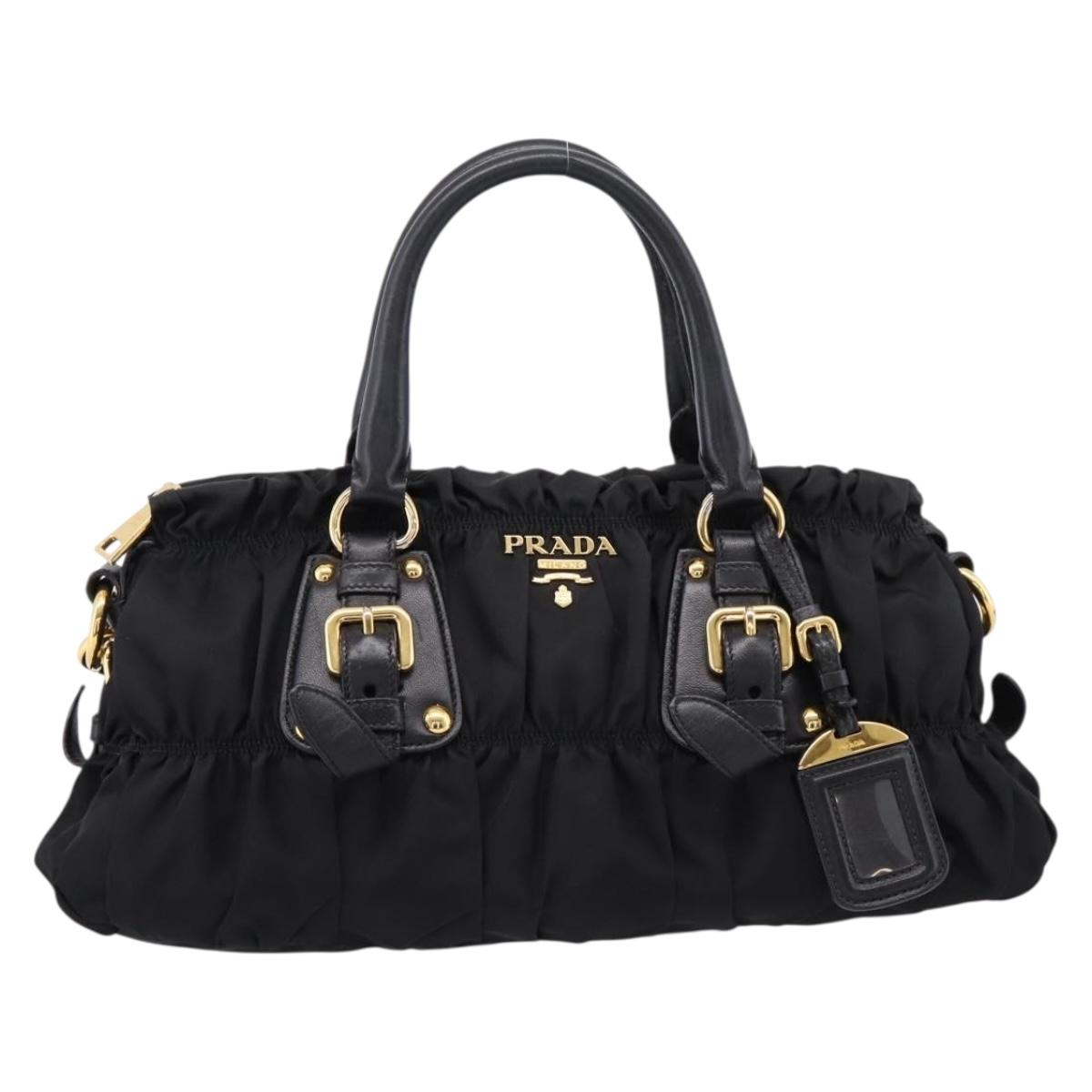 PRADA Gathered Hand Bag Nylon 2way Black Gold Auth BA16051A