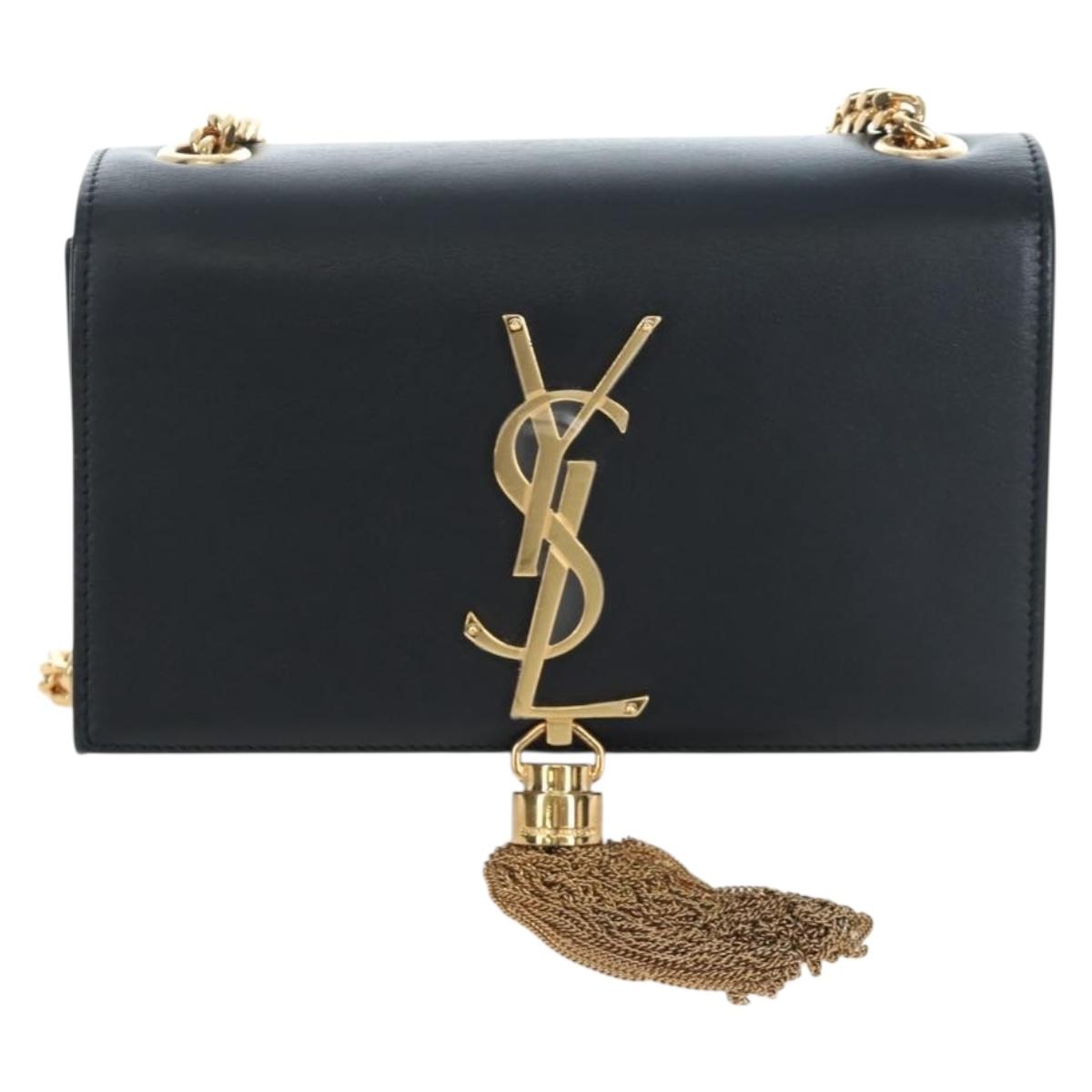 Saint Laurent Chain Shoulder Bag Leather Black Gold Auth BA16060V