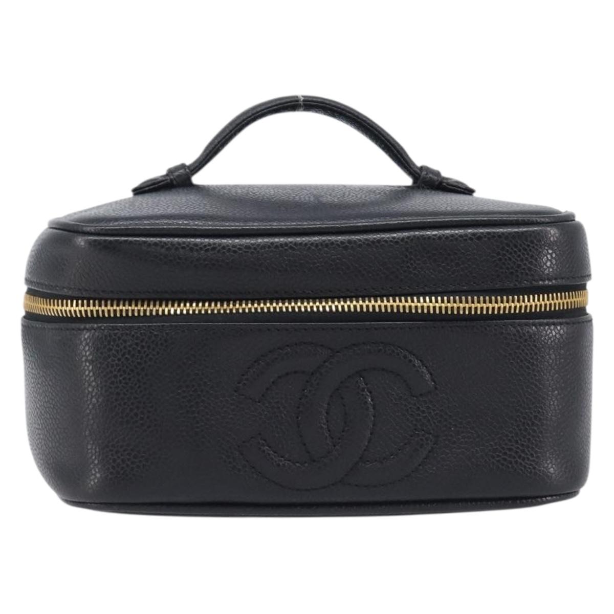 CHANEL Vanity Cosmetic Pouch Caviar Skin Black Gold CC Auth BA16061V