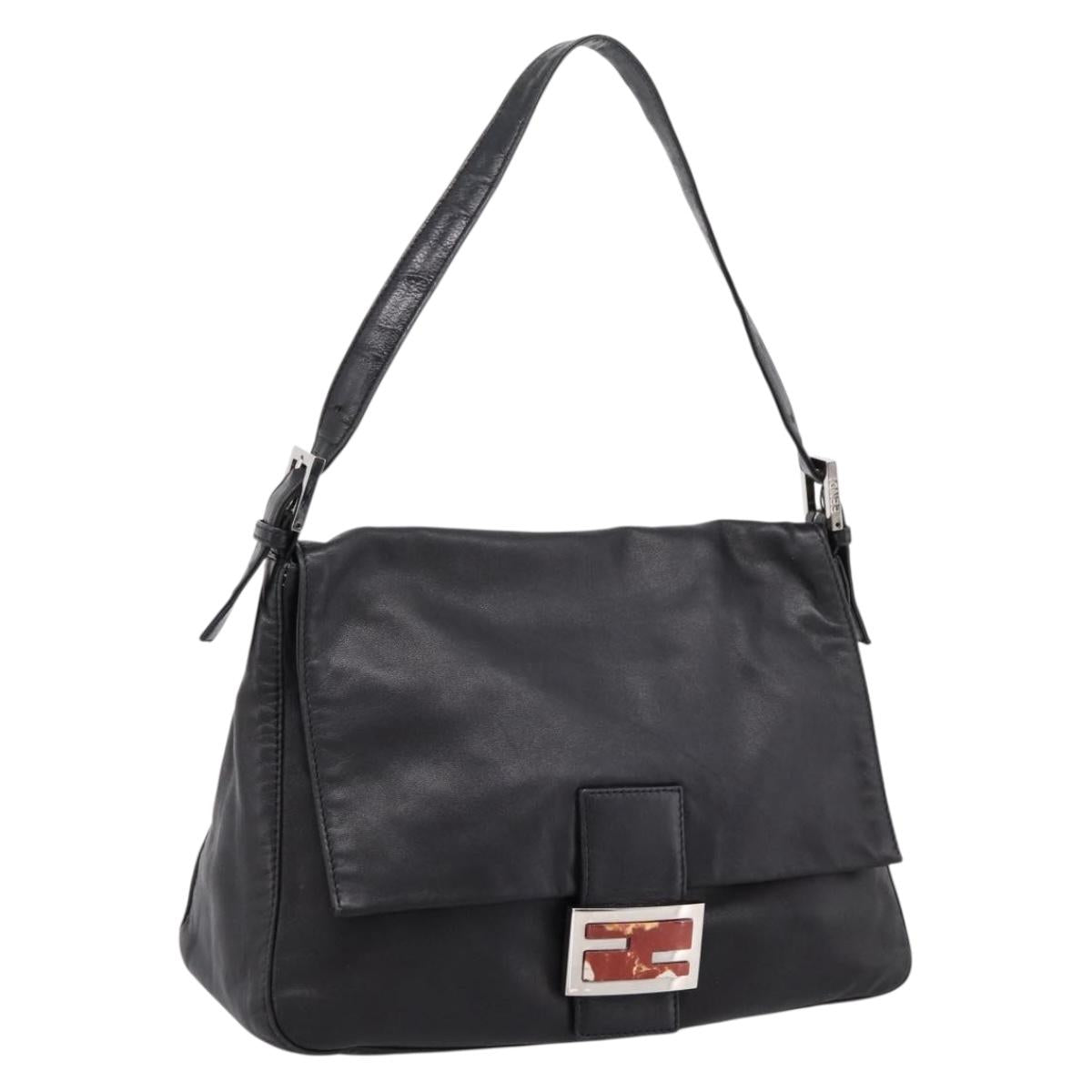 FENDI Mamma Baguette Shoulder Bag Leather Black Silver Auth BA16062V