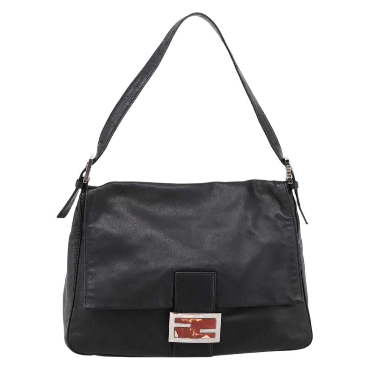 FENDI Mamma Baguette Shoulder Bag Leather Black Silver Auth BA16062V