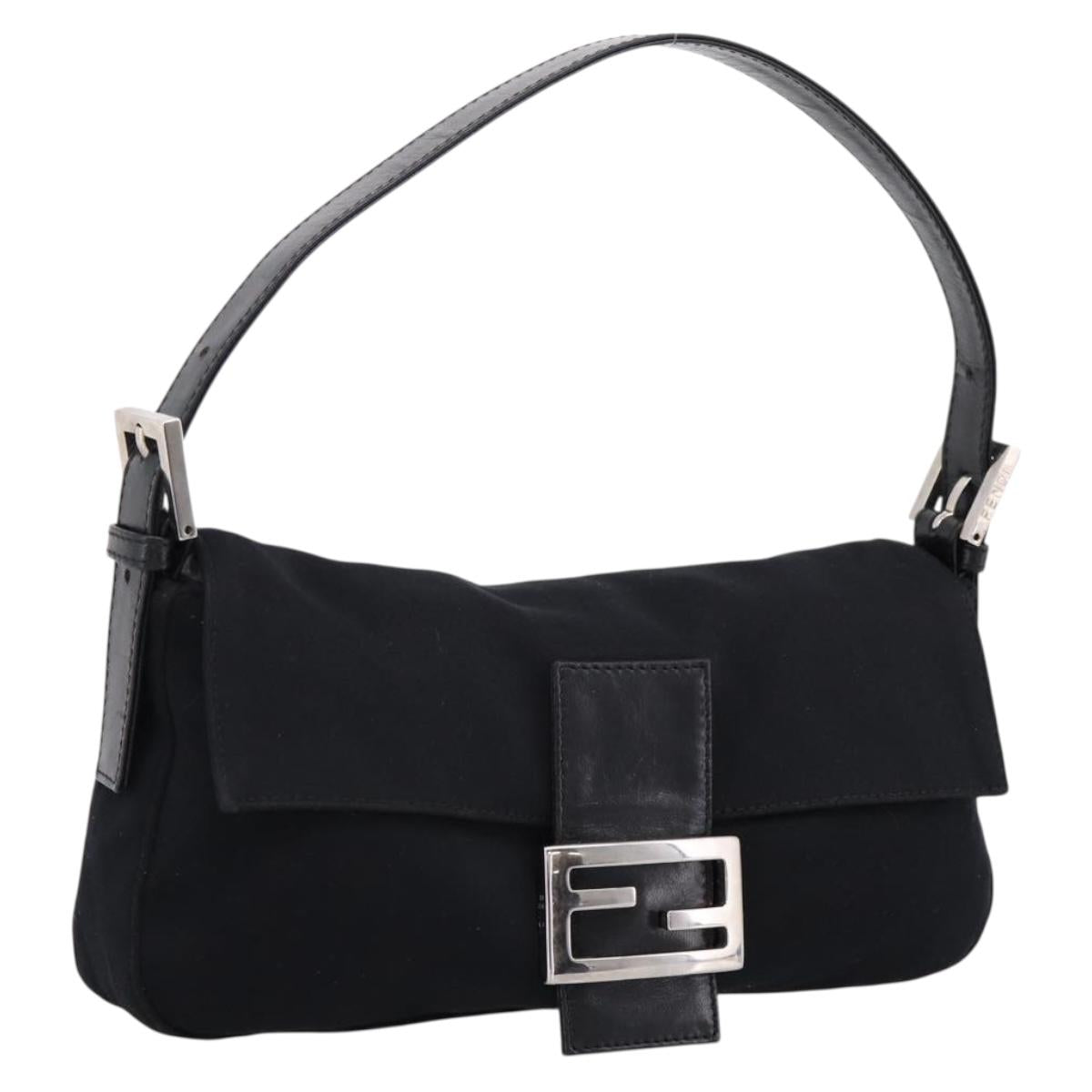 FENDI Mamma Baguette Shoulder Bag Cotton Jersey Black Silver Auth BA16066A