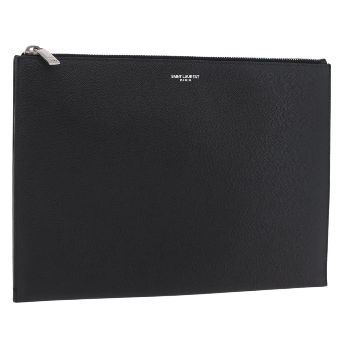 Saint Laurent Clutch Bag Leather Black Silver Auth BA16068A