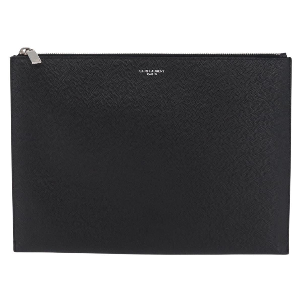 Saint Laurent Clutch Bag Leather Black Silver Auth BA16068A