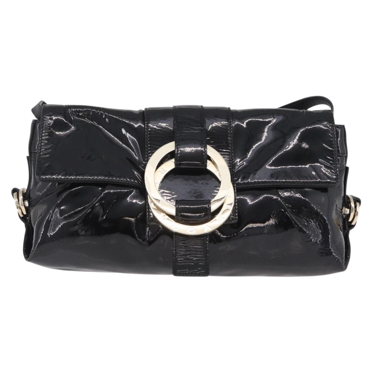 BVLGARI Chandra Shoulder Bag Patent Black Gold Tone Auth BA16118