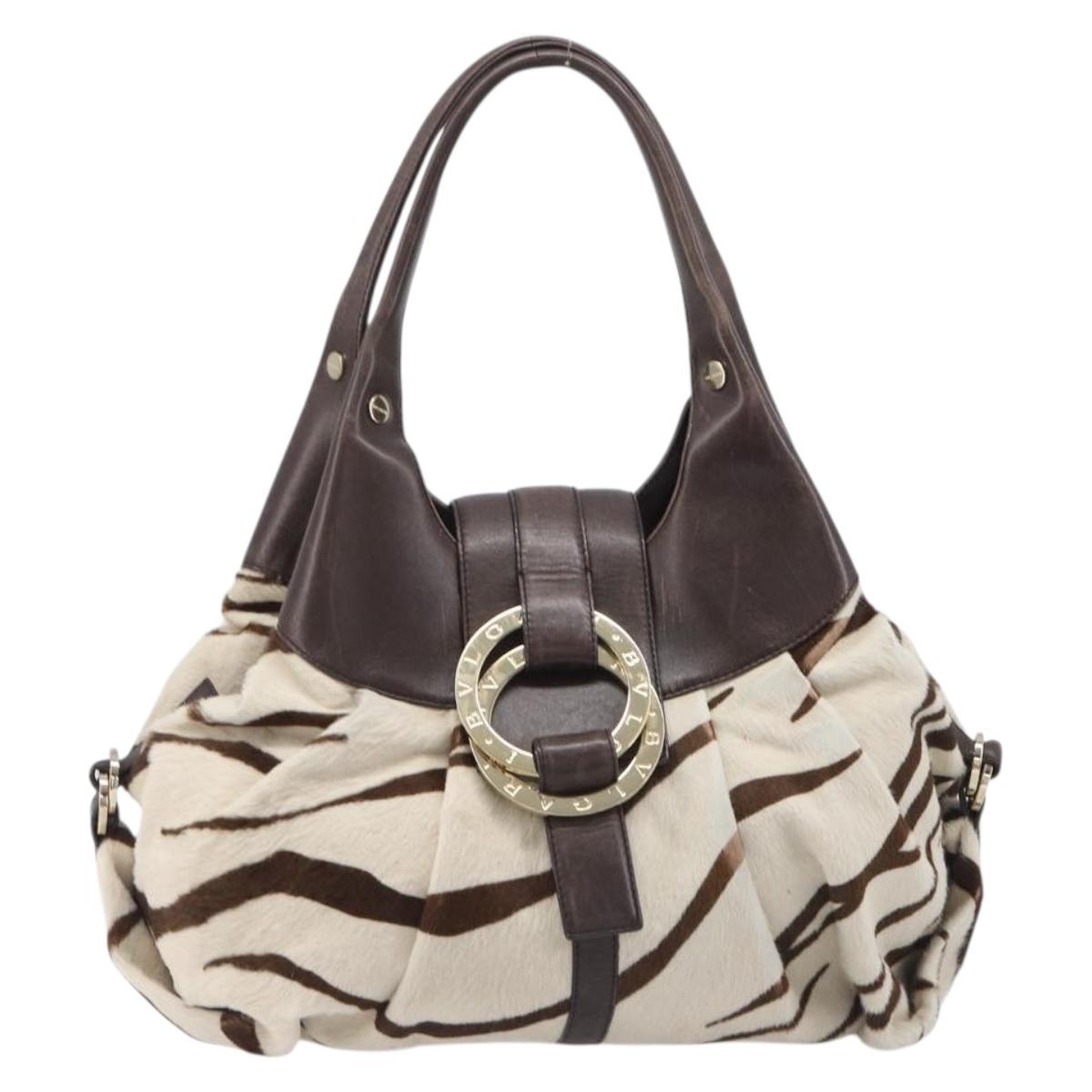 BVLGARI Chandra Hand Bag Harako leather Ivory Gold Tone Auth BA16121