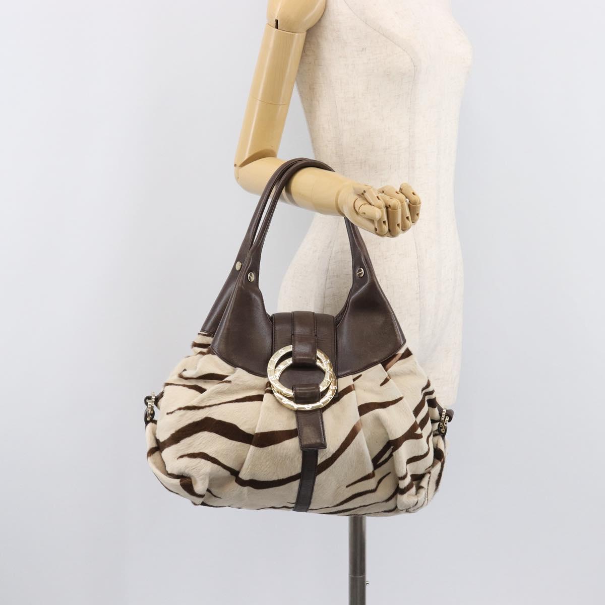 BVLGARI Chandra Hand Bag Harako leather Ivory Gold Tone Auth BA16121