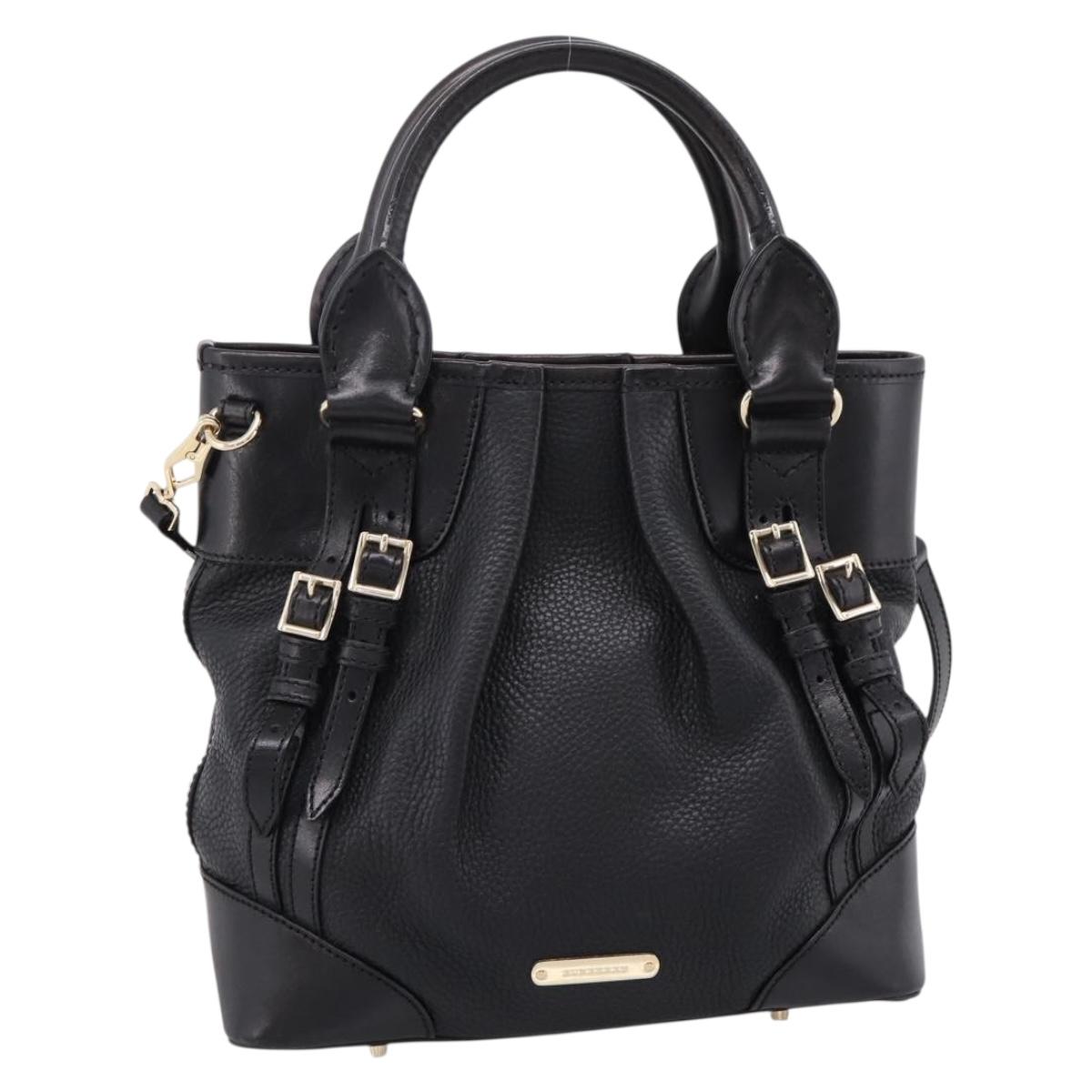 BURBERRY Hand Bag Leather 2way Black Gold Tone Auth BA16124A