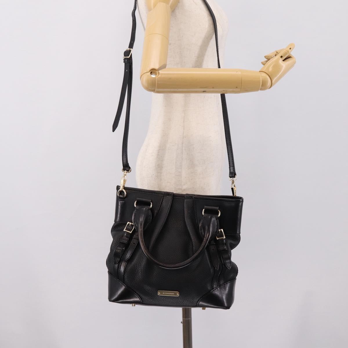 BURBERRY Hand Bag Leather 2way Black Gold Tone Auth BA16124A