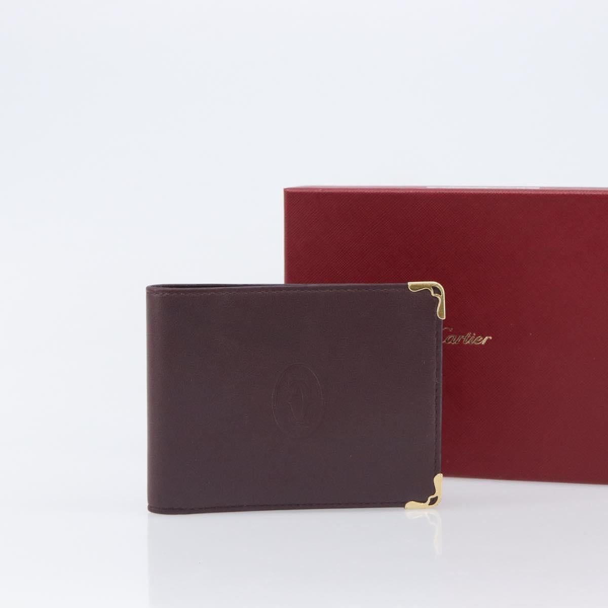 Cartier Bifold Wallet Leather Bordeaux Gold Tone Auth BA16126V