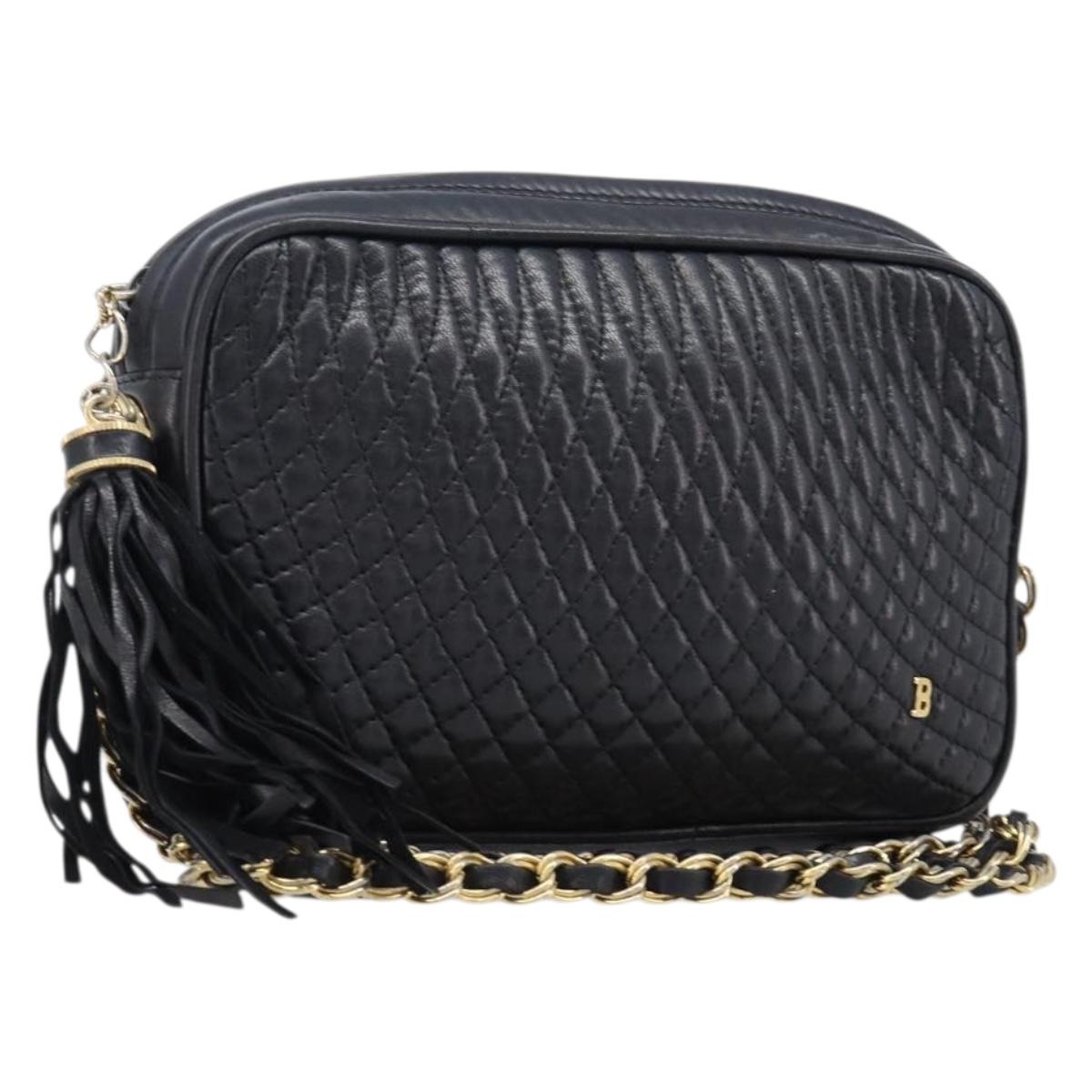 Bally Chain Shoulder Bag Leather Black Gold Auth BA16131