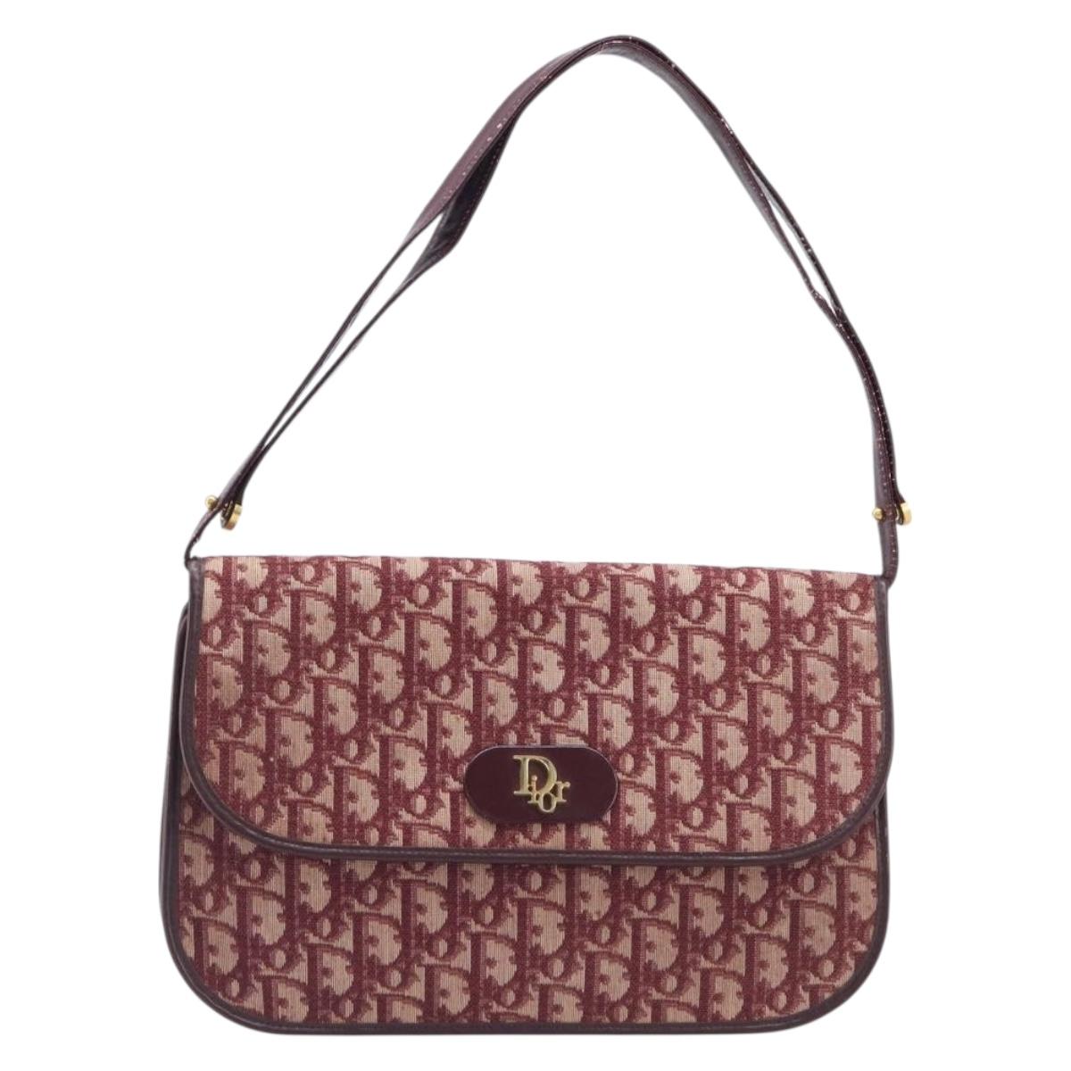 Christian Dior Trotter Canvas Shoulder Bag Red Gold Tone Auth BA16139