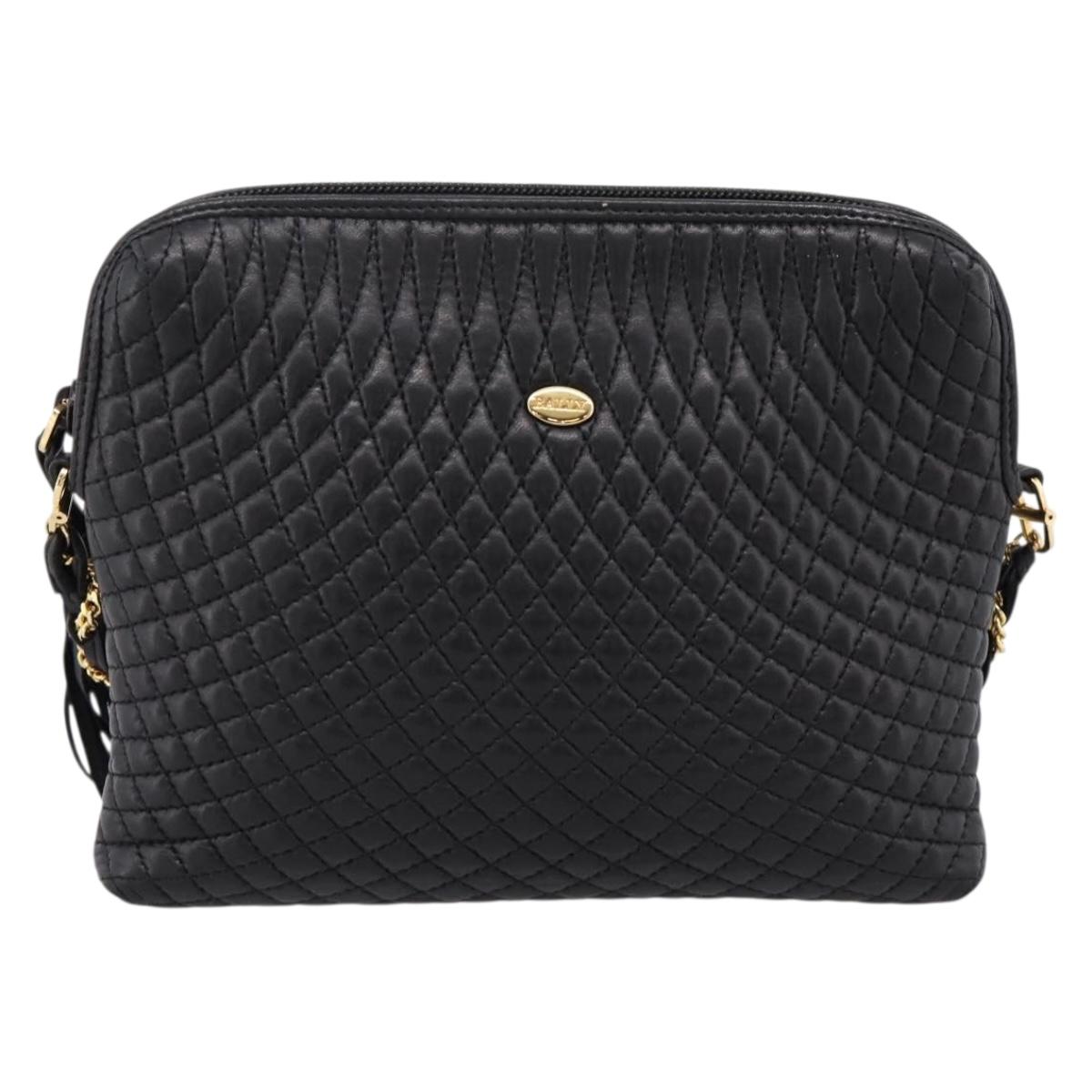 Bally Chain Shoulder Bag Leather Black Gold Tone Auth BA16143