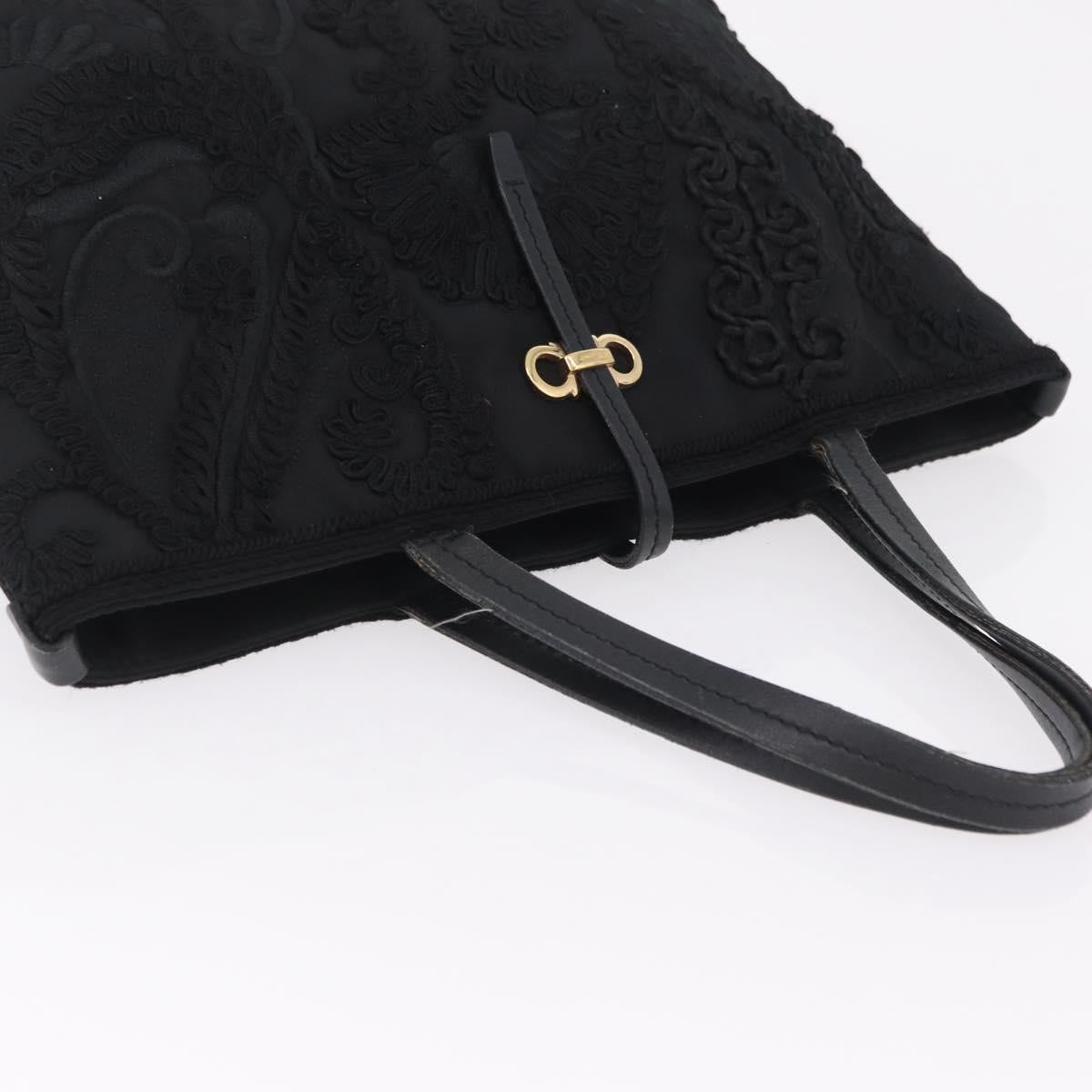 Salvatore Ferragamo Gancini Hand Bag Nylon Black Gold Tone Auth BA16145