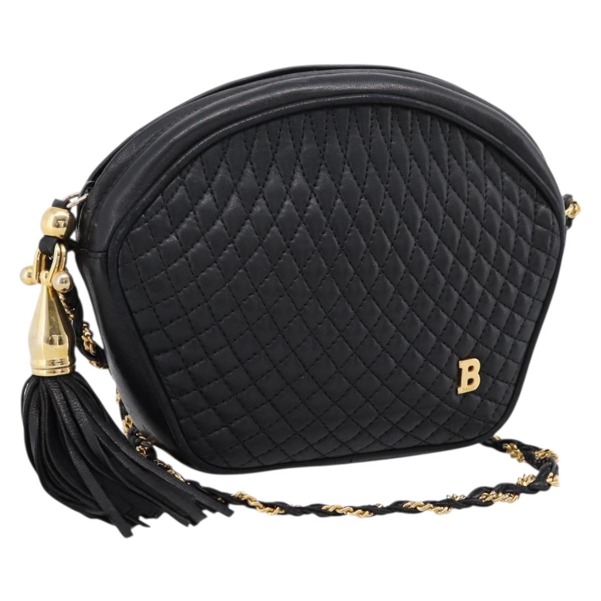 Bally Chain Shoulder Bag Leather Black Gold Tone Auth BA16147