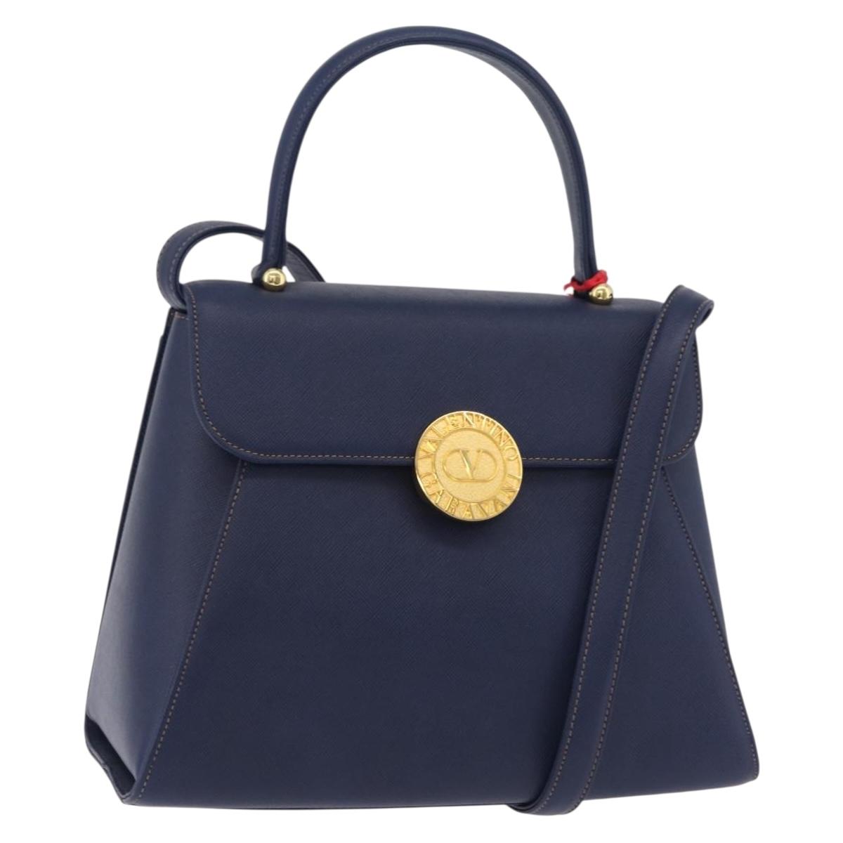 Valentino Hand Bag Leather 2way Navy Gold Tone Auth BA16157A