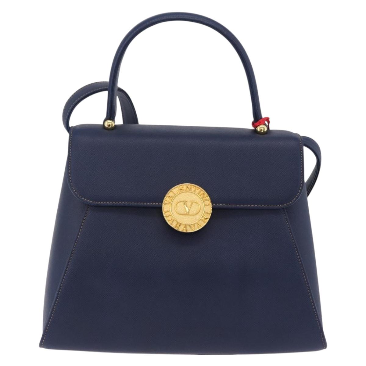 Valentino Hand Bag Leather 2way Navy Gold Tone Auth BA16157A