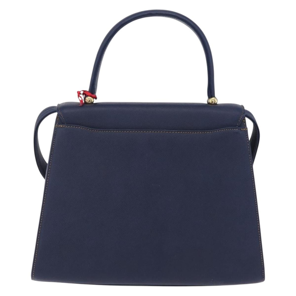 Valentino Hand Bag Leather 2way Navy Gold Tone Auth BA16157A