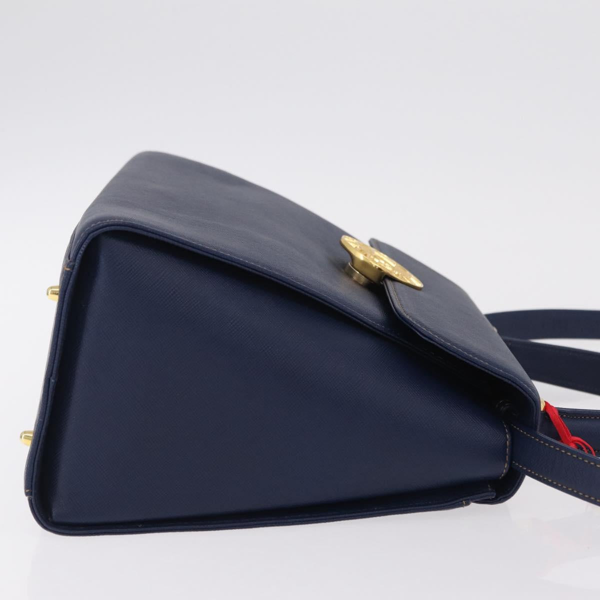 Valentino Hand Bag Leather 2way Navy Gold Tone Auth BA16157A
