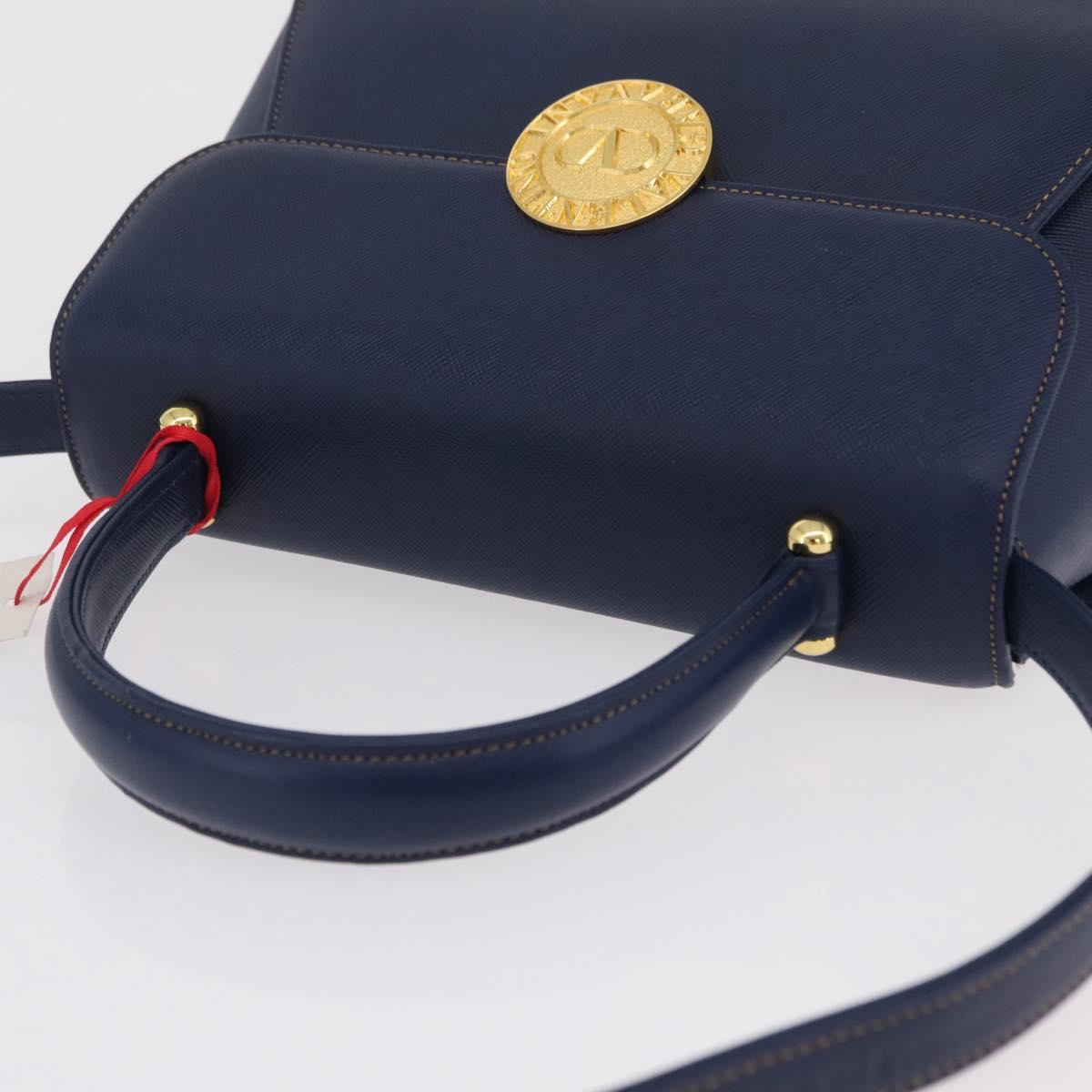 Valentino Hand Bag Leather 2way Navy Gold Tone Auth BA16157A