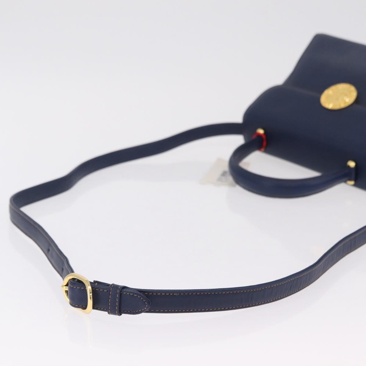 Valentino Hand Bag Leather 2way Navy Gold Tone Auth BA16157A
