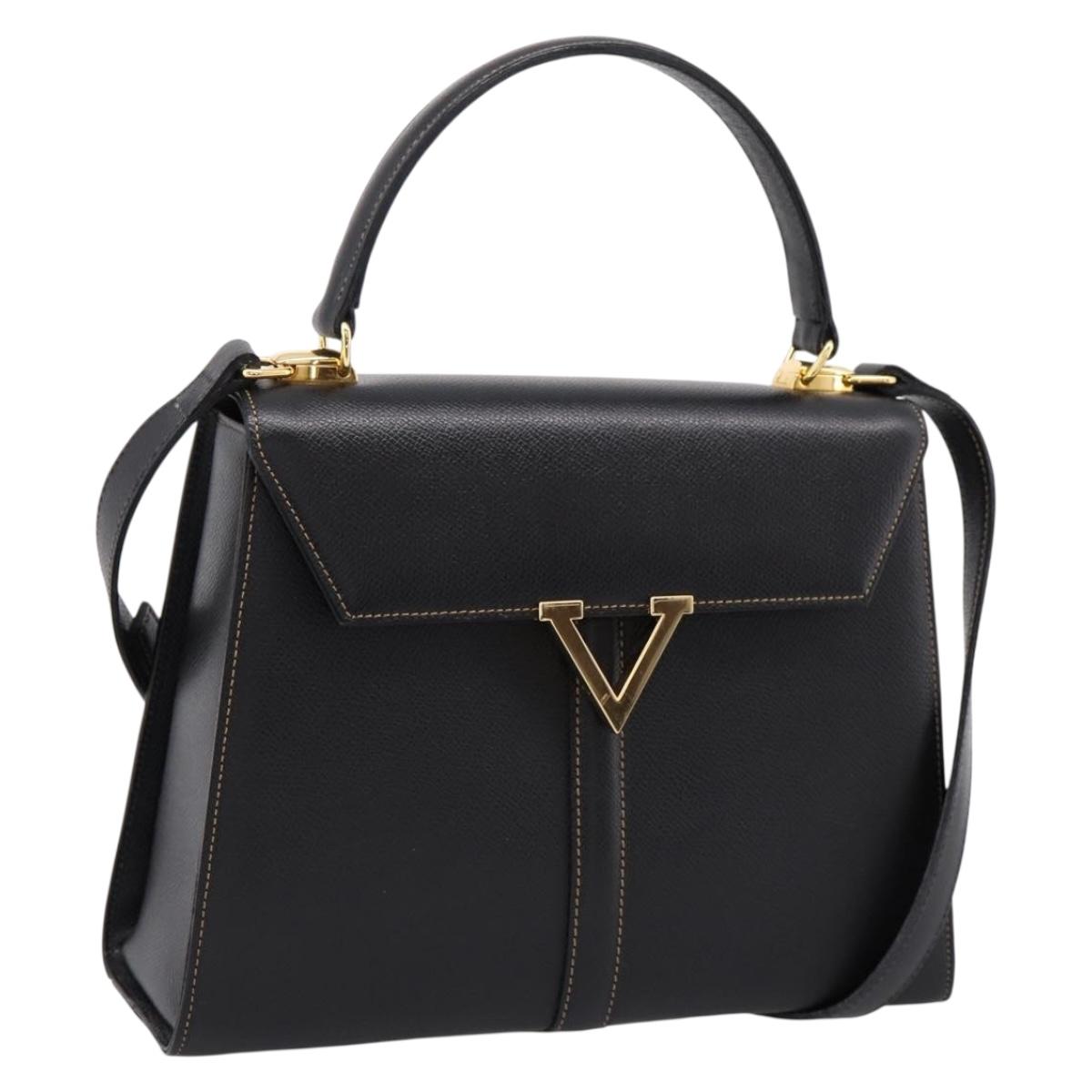 Valentino Hand Bag Leather 2way Black Gold Tone Auth BA16158A