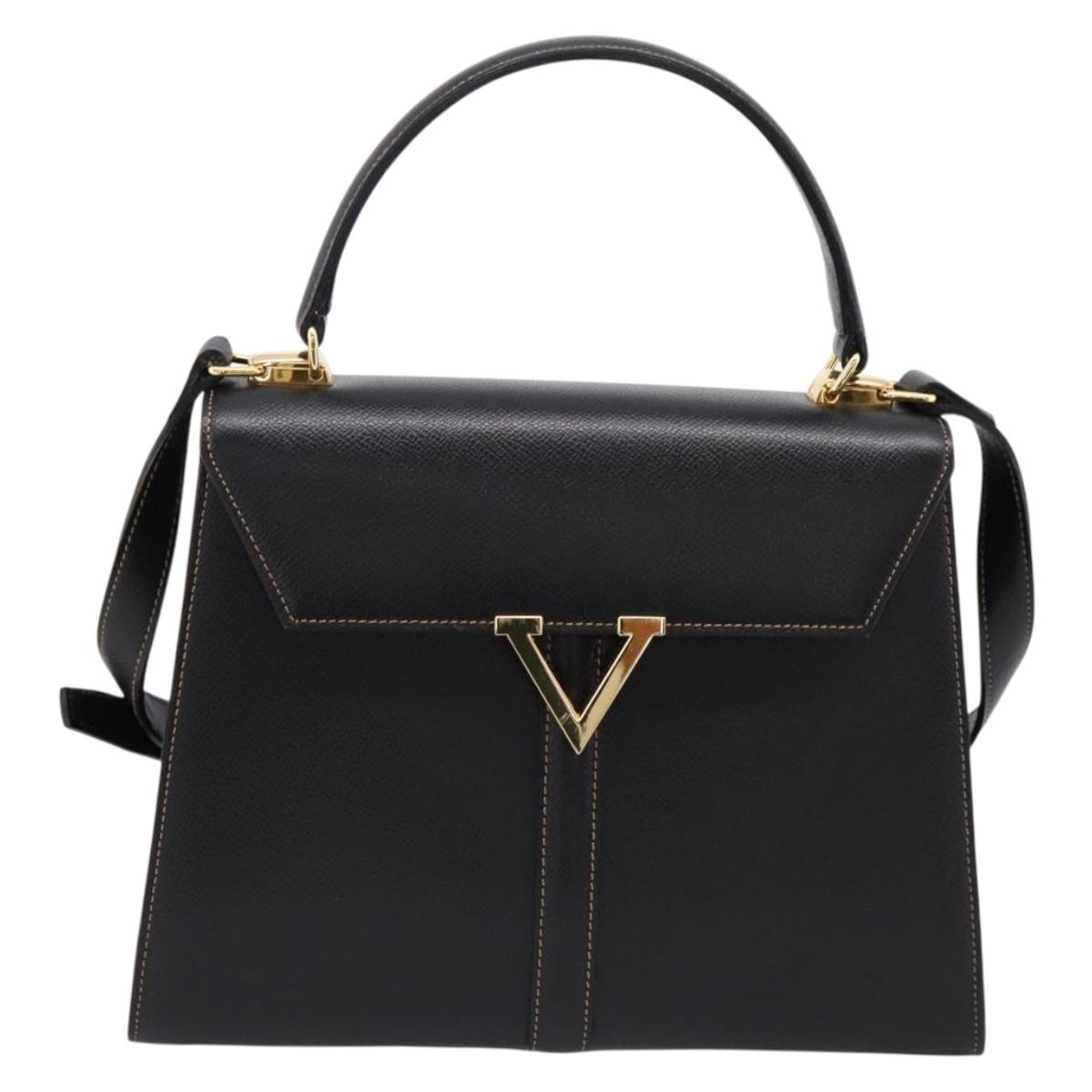 Valentino Hand Bag Leather 2way Black Gold Tone Auth BA16158A