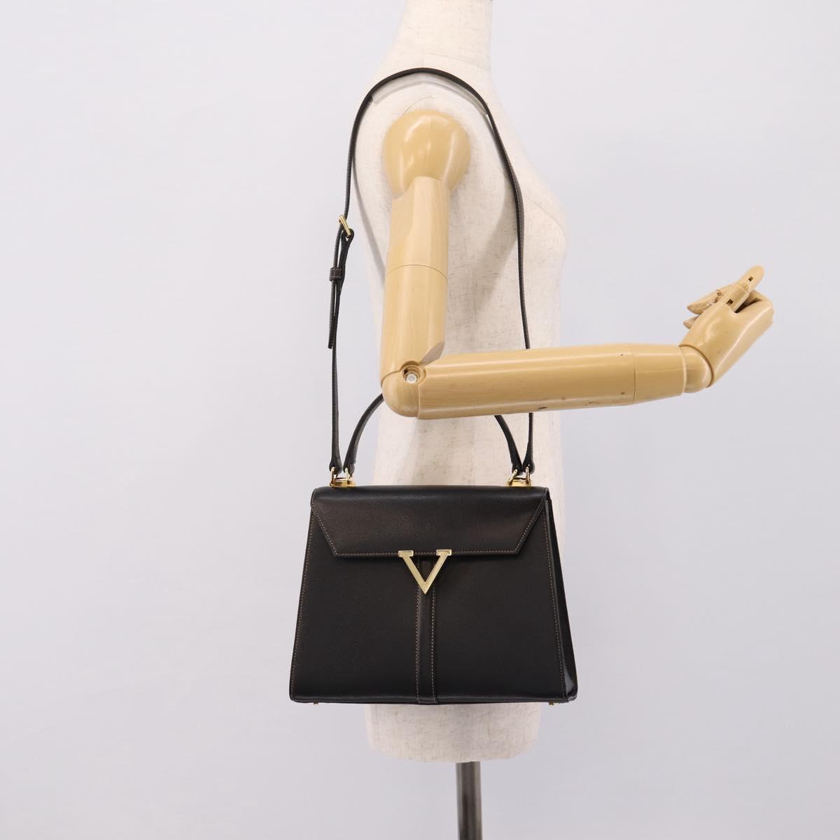 Valentino Hand Bag Leather 2way Black Gold Tone Auth BA16158A